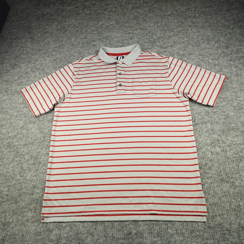 FootJoy Polo Shirt Large Gray Striped Maroon Performance Collared Stretch Pocket